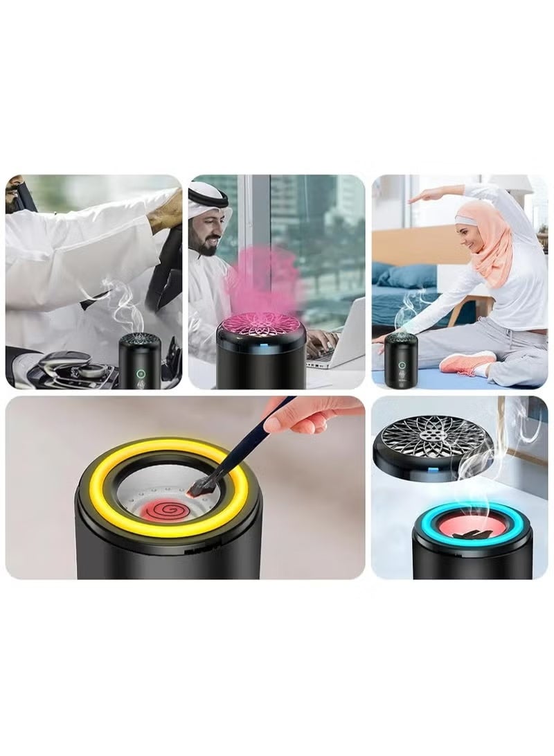عود بخور مبخرة بخور للسيارة قابلة للشحن USB Type-C – موزع روائح عود وبخور – غطاء حديد – لون أسود أنيق - Image 5